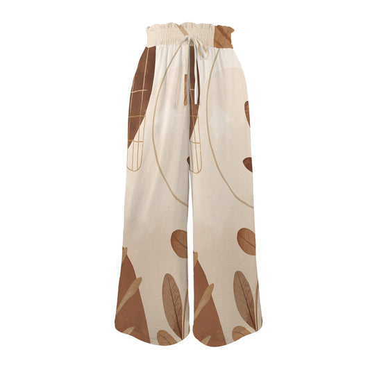 Pantalon large beige motifs feuilles – taille haute élastique à cordon & poches (XS à 5XL) - Big Smiles All Sizes