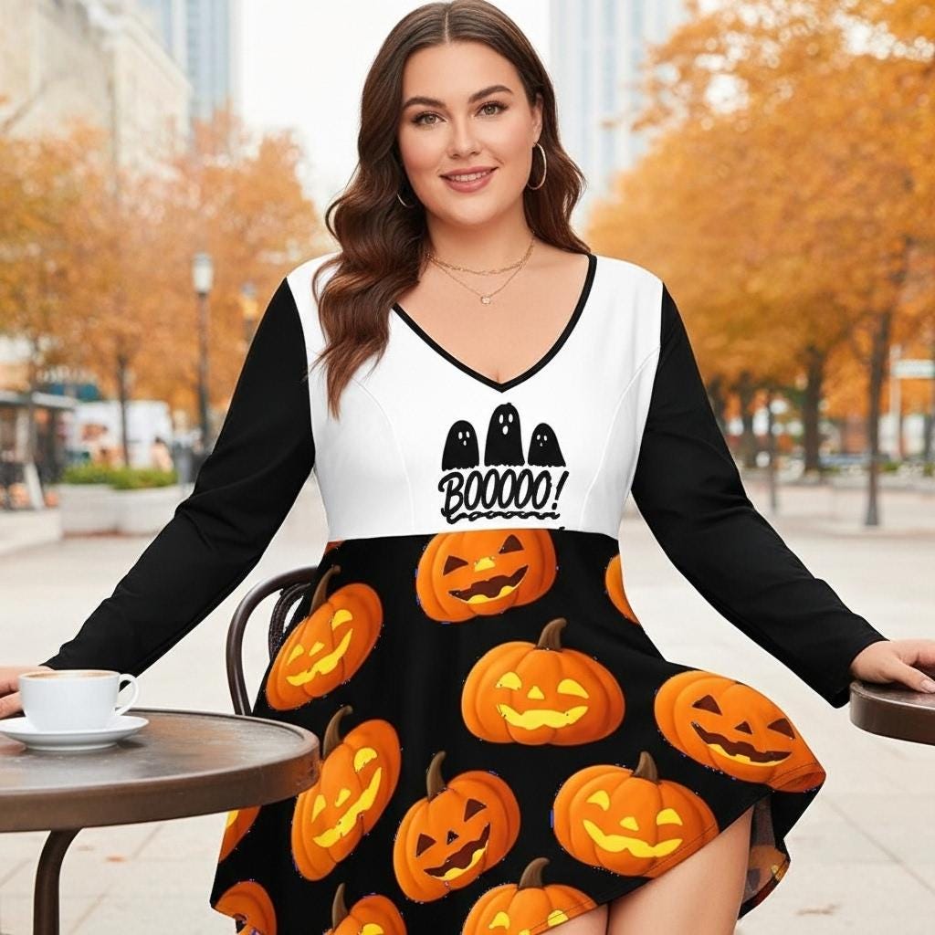 tailles S–8XL Robe noire d’ automme pour Halloween col V, manches longues avec fantômes et citrouilles,