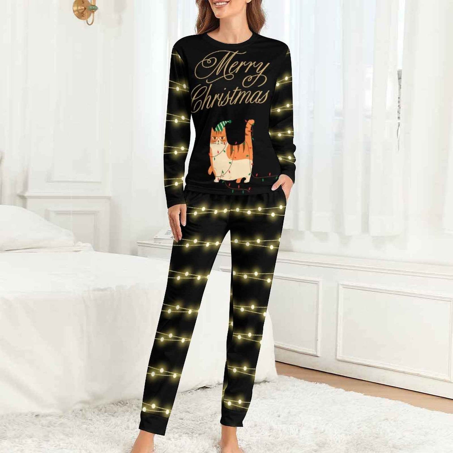 Pyjama de Noël « Chat & Guirlandes » – Ensemble 2 pièces XS à 6XL | Big Smiles