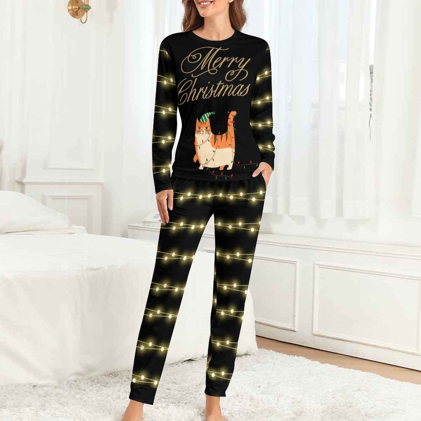 Pyjama de Noël « Chat & Guirlandes » – Ensemble 2 pièces XS à 6XL | Big Smiles
