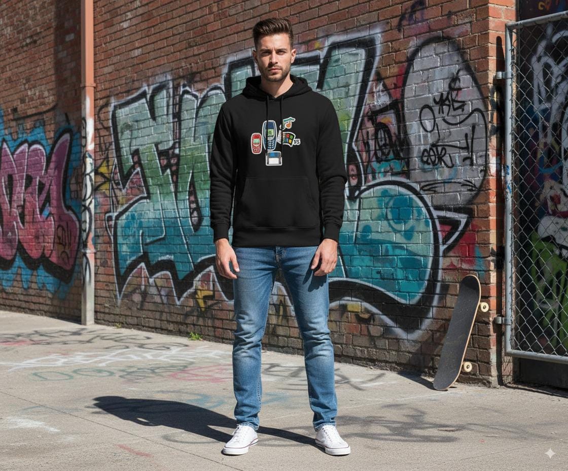 sizes S - 6XL Retro Nostalgia Hoodie with Nokia Snake, Windows 95 Logo, Floppy Disk and Funny Quote,