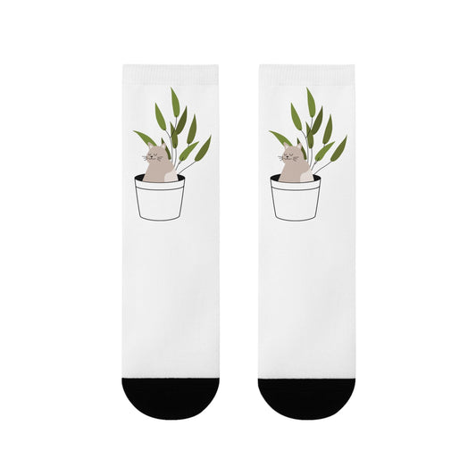 Chaussettes « Cat Plant » – crew sublimées, motif chat & plante, cadeau mignon