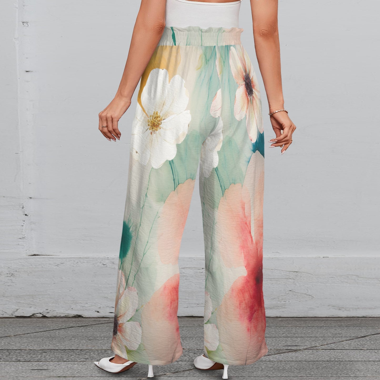 Pantalon large fleurs aquarelle – taille élastique à nouer & poches (S à 5XL) - Big Smiles All Sizes
