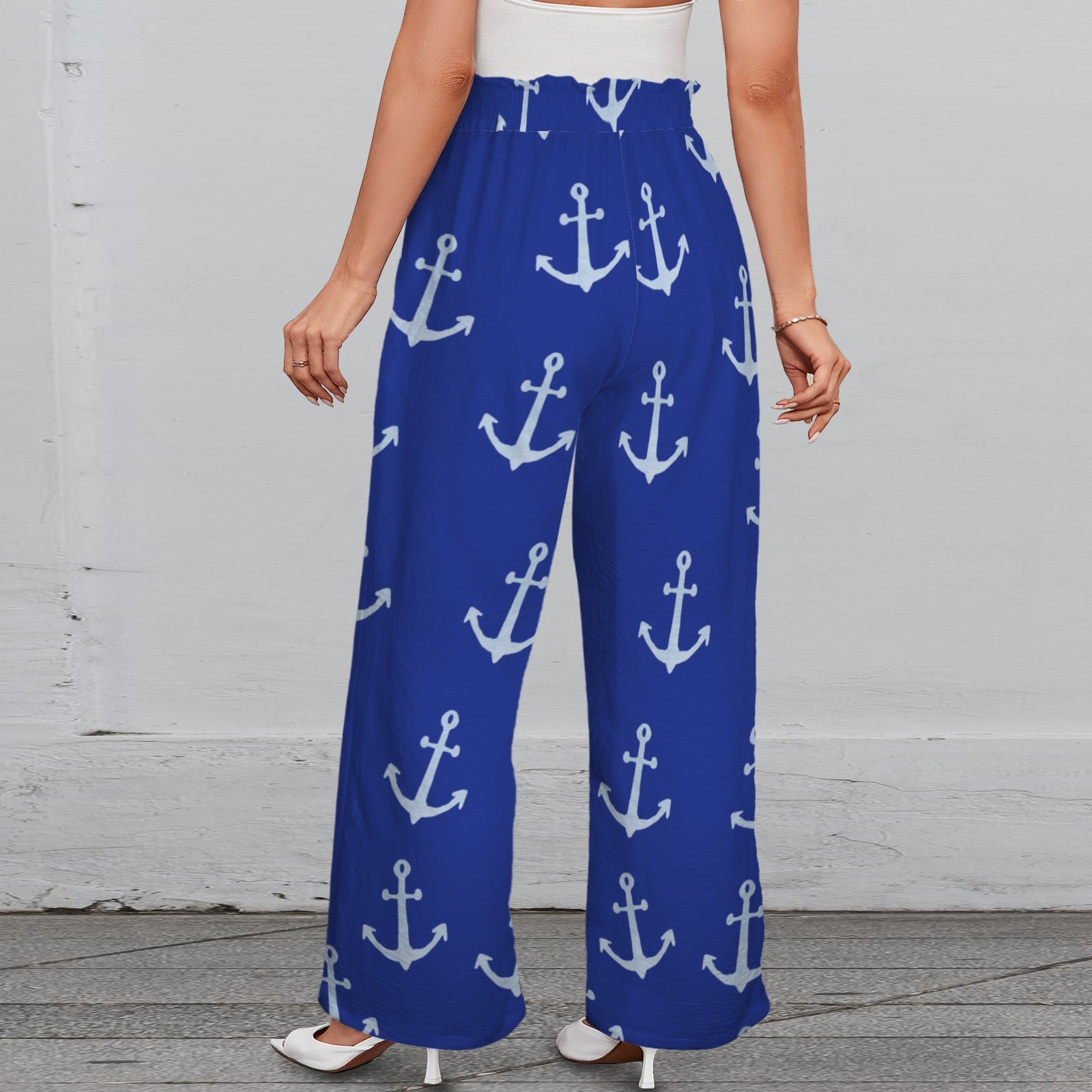 Pantalon large marin à taille élastique & lien, avec poches – imprimé ancres – S à 5XL - Big Smiles All Sizes