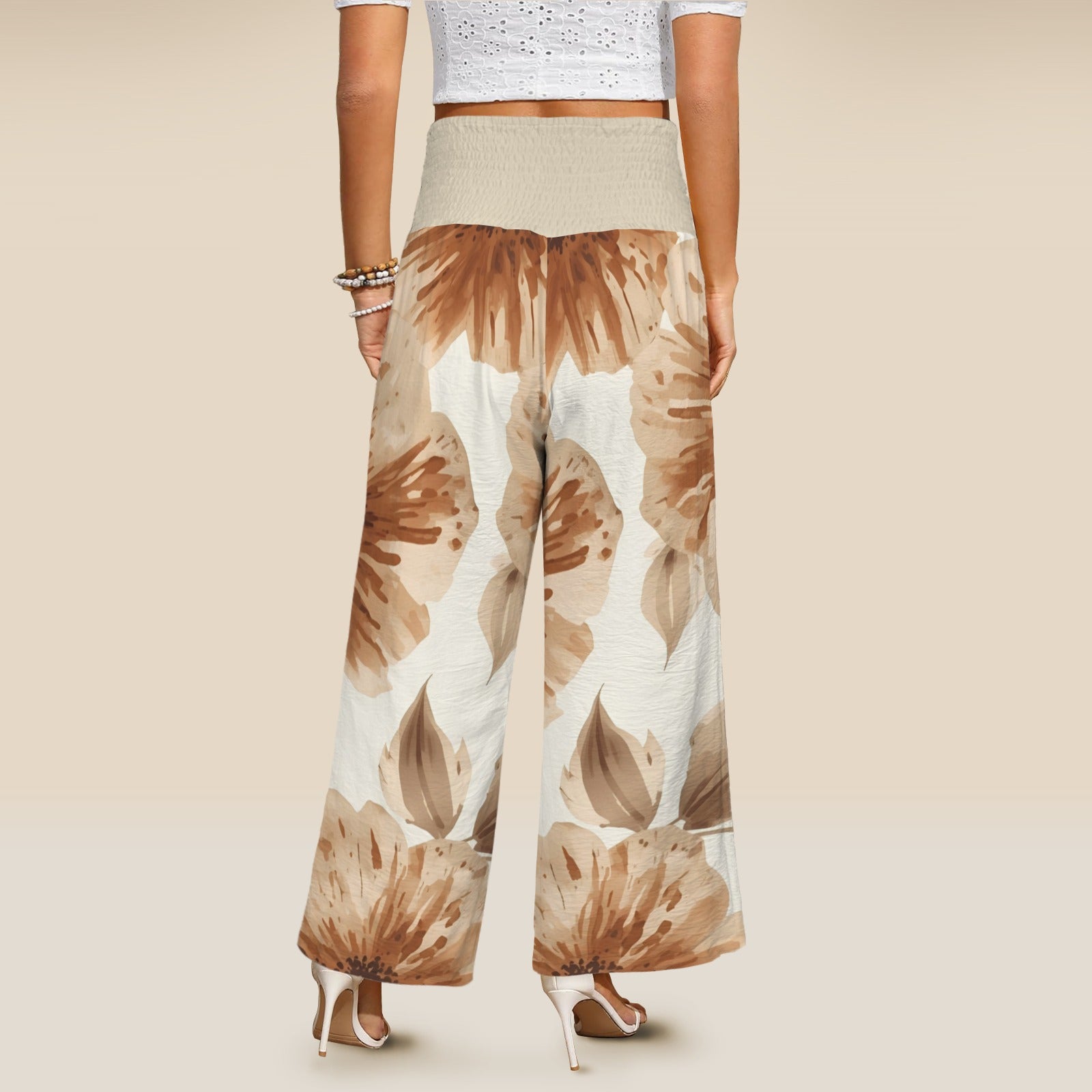 Pantalon large fleurs brunes – taille haute smockée avec poches (S à 5XL) - Big Smiles All Sizes