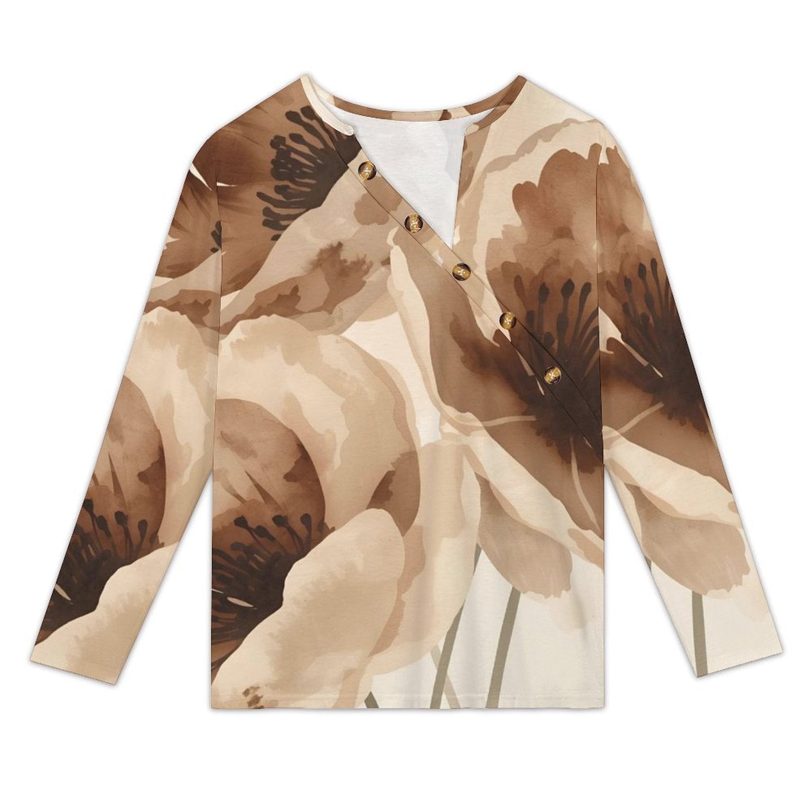 T-shirt femme manches longues à col asymétrique boutonné – imprimé fleurs brunes aquarelle (S à 5XL) - Big Smiles All Sizes