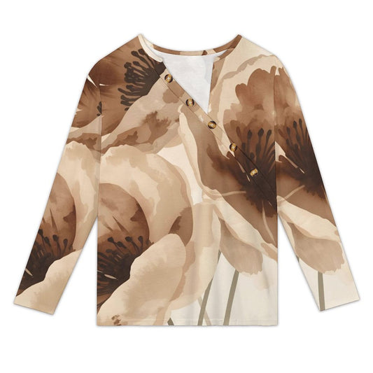 T-shirt femme manches longues à col asymétrique boutonné – imprimé fleurs brunes aquarelle (S à 5XL) - Big Smiles All Sizes