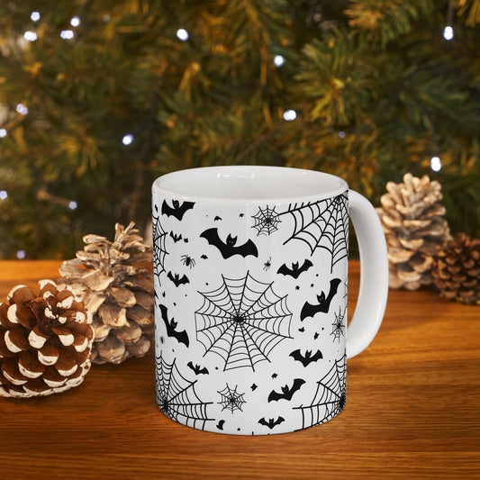 Mug Halloween 0.33L / 0.44 L avec chauves-souris et toiles d’araignée – Tasse effrayante | Cadeau Boo rétro | Pumpkin Spice Latte