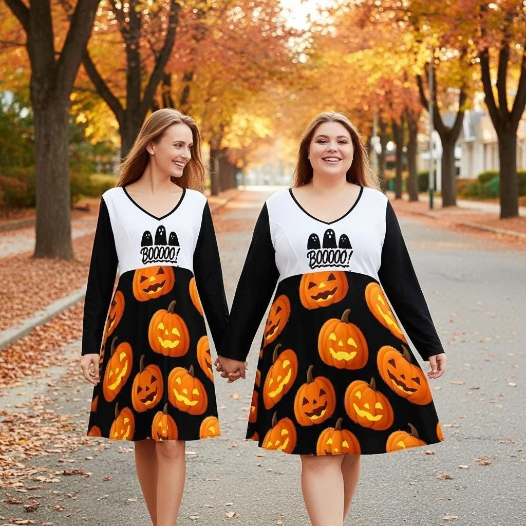 tailles S–8XL Robe noire d’ automme pour Halloween col V, manches longues avec fantômes et citrouilles,