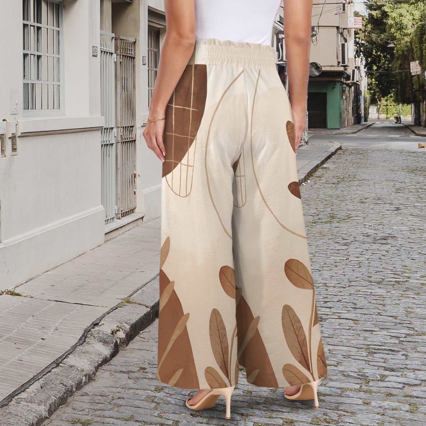 Pantalon large beige motifs feuilles – taille haute élastique à cordon & poches (XS à 5XL) - Big Smiles All Sizes