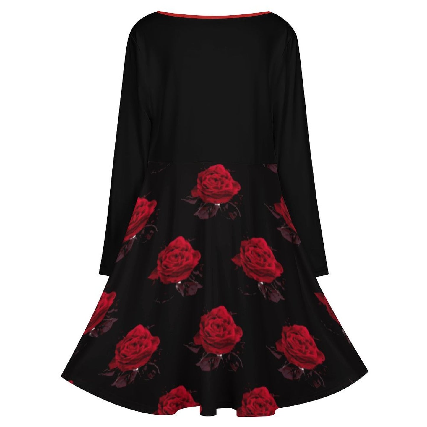Robe grande taille col V roses rouges – manches longues, S à 8XL - Big Smiles All Sizes