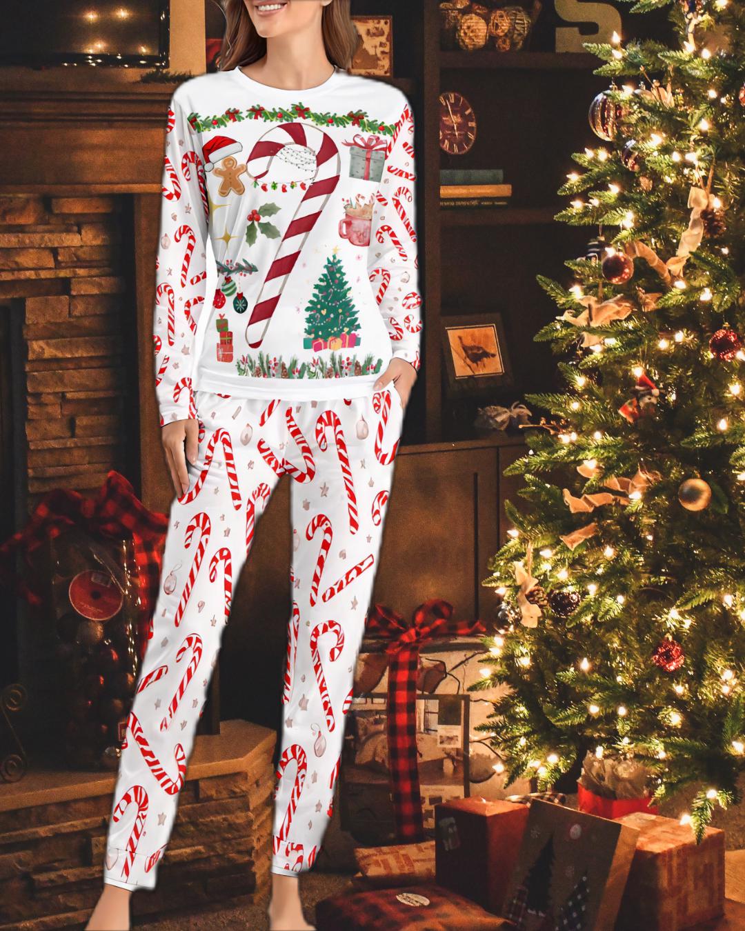 Pyjama de Noël femme bâtons de caramel, ensemble 2 pièces avec sapin et cadeaux Tailles XS–6XL