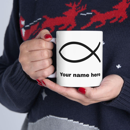 Mug chrétien personnalisable Ichthys – céramique brillante, 11oz/15oz, micro-ondes & lave-vaisselle