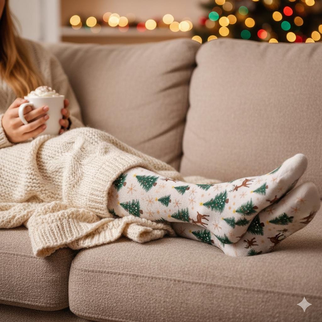 Chaussettes montantes crème Noël | Rennes, sapins et flocons | Respirantes & stretch | Mode inclusive Big Smiles