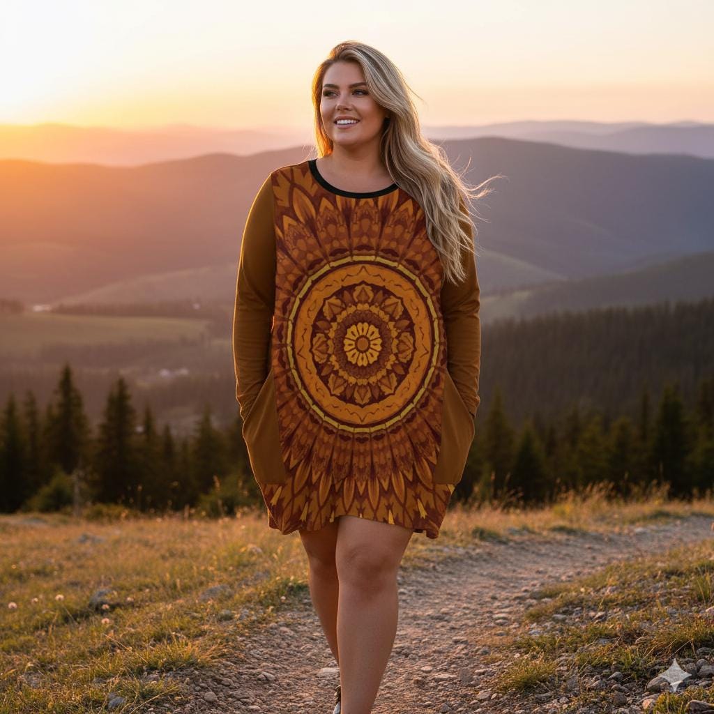 Robe ample avec poches S–5XL | Écharpe bohème mandala marron | Tunique longue douce et confortable