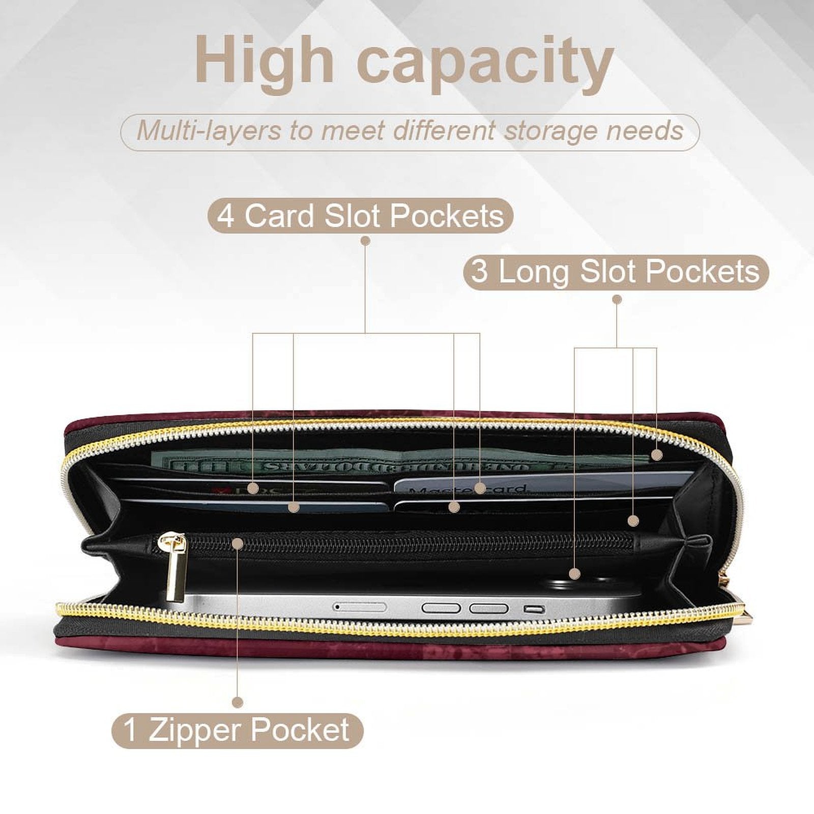 Portefeuille bordeaux patchwork en cuir vegan haut de gamme – Style artistique et grande capacité - Big Smiles All Sizes