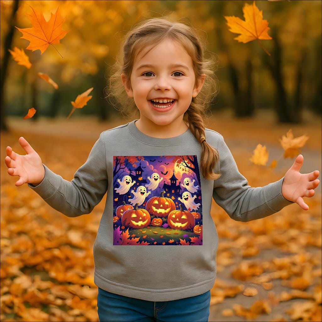 T-shirt enfant Halloween manches longues, fantômes & citrouilles, tissu doux