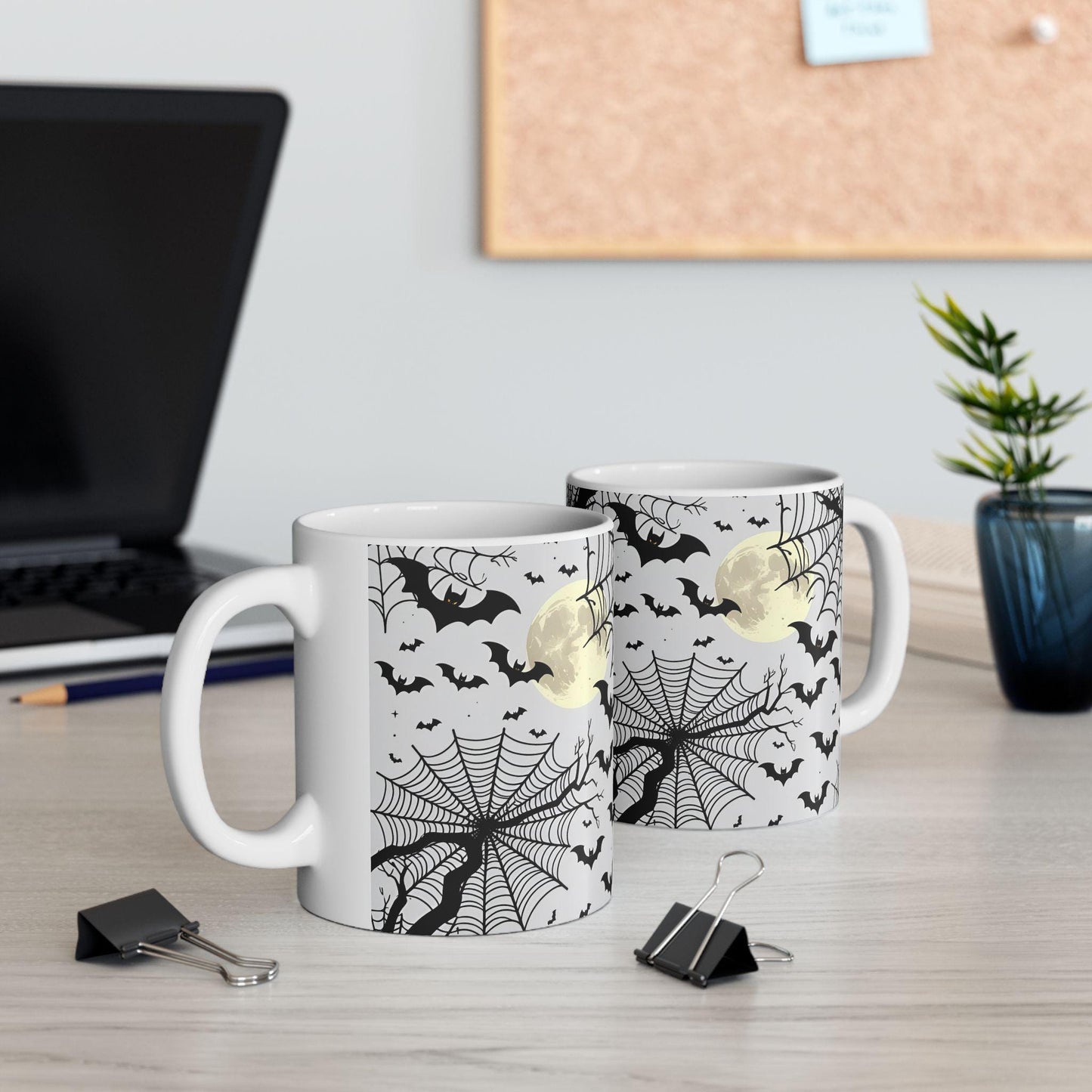 Mug Halloween 0.33 L/0.44 L, Tasse effrayante et mignonne chauves-souris, lune et toiles d’araignées | Cadeau original | Pumpkin Spice Latte