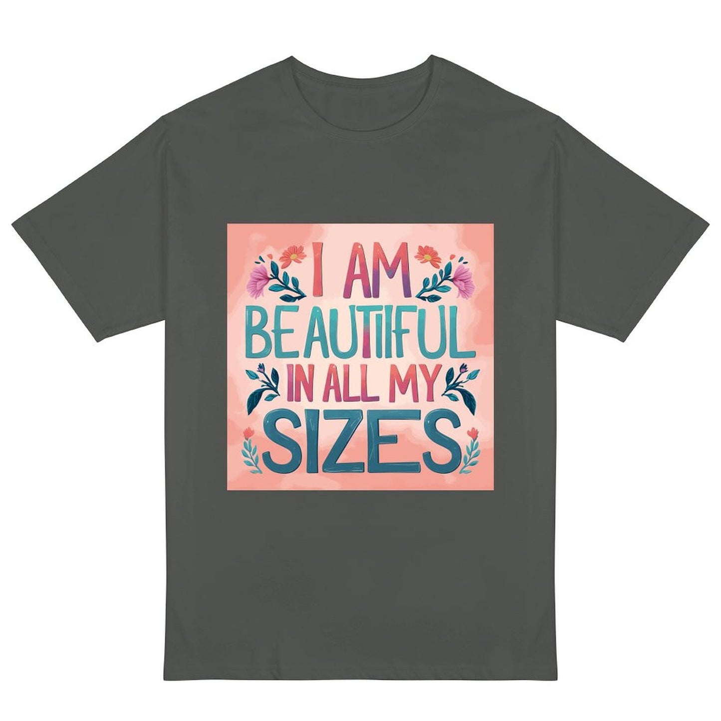 Camiseta de mujer «Soy guapa en todas mis tallas» coral y flores – algodón 190 g, impresión DTG HD, tallas S a 6XL