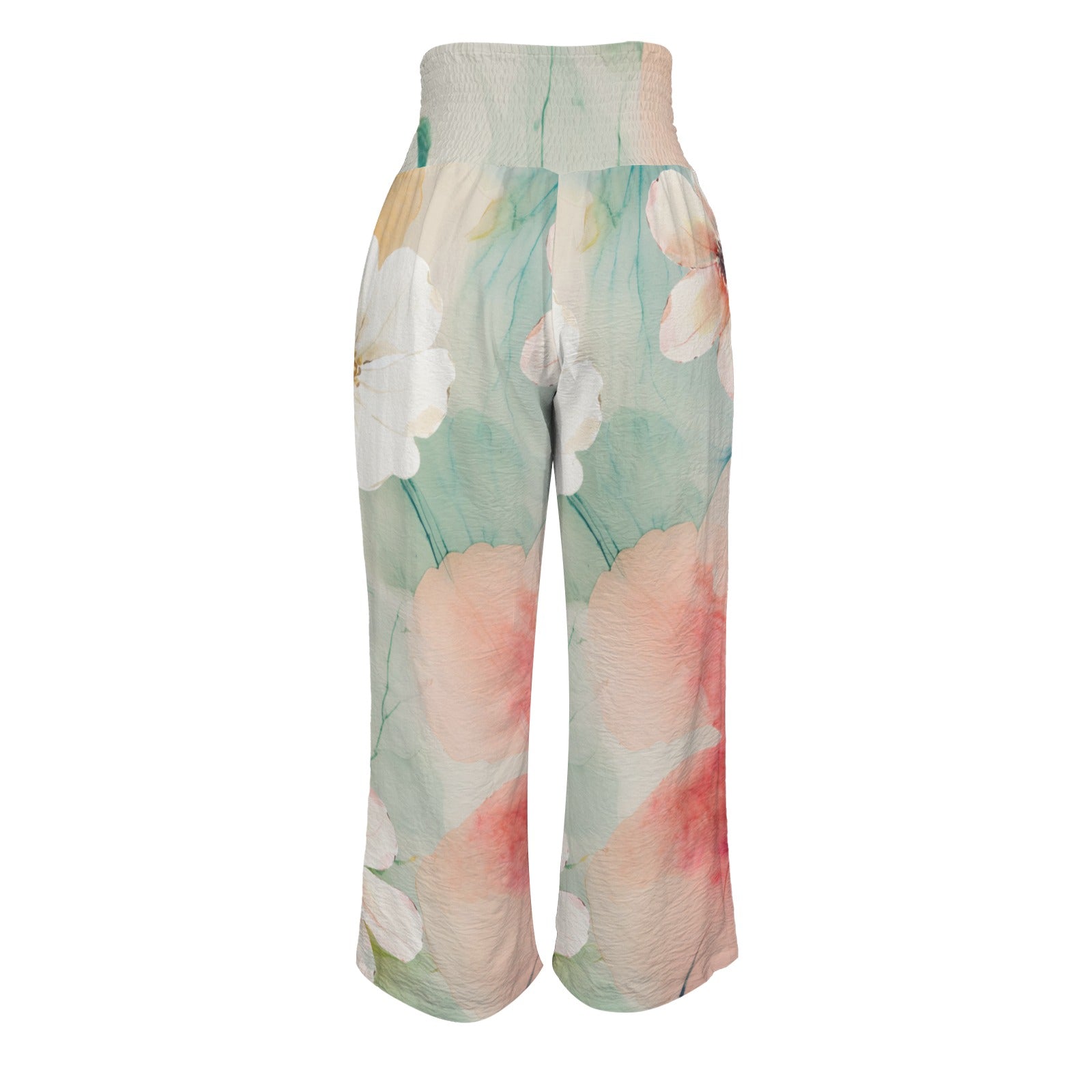 Pantalon large taille haute smockée avec poches – fleurs aquarelle (S à 5XL) - Big Smiles All Sizes