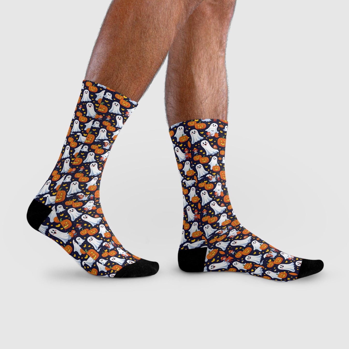 Chaussettes « Spooky Ghosts » – crew sublimées Halloween, motif fantômes & citrouilles, confort cosy