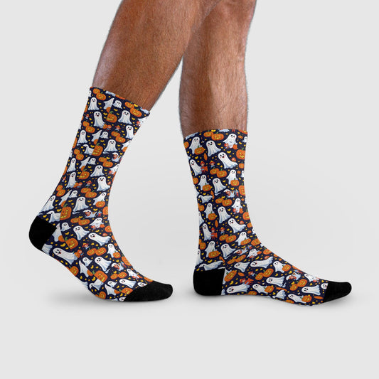 Chaussettes « Spooky Ghosts » – crew sublimées Halloween, motif fantômes & citrouilles, confort cosy