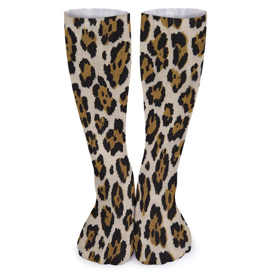 Chaussettes montantes léopard beige – respirantes, anti-glisse & confort mollets – impression all-over | Big Smiles