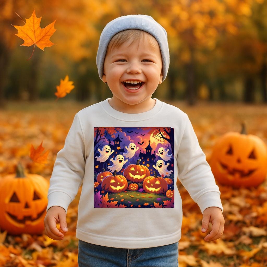 T-shirt enfant Halloween manches longues, fantômes & citrouilles, tissu doux