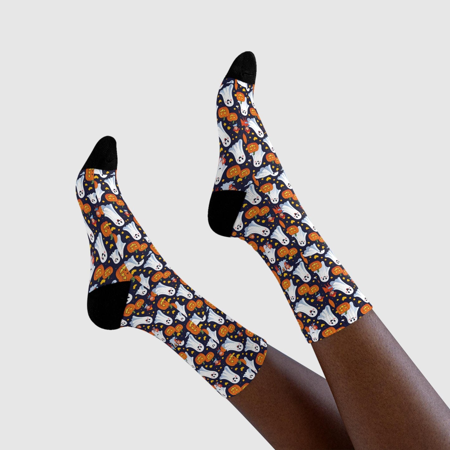 Chaussettes « Spooky Ghosts » – crew sublimées Halloween, motif fantômes & citrouilles, confort cosy