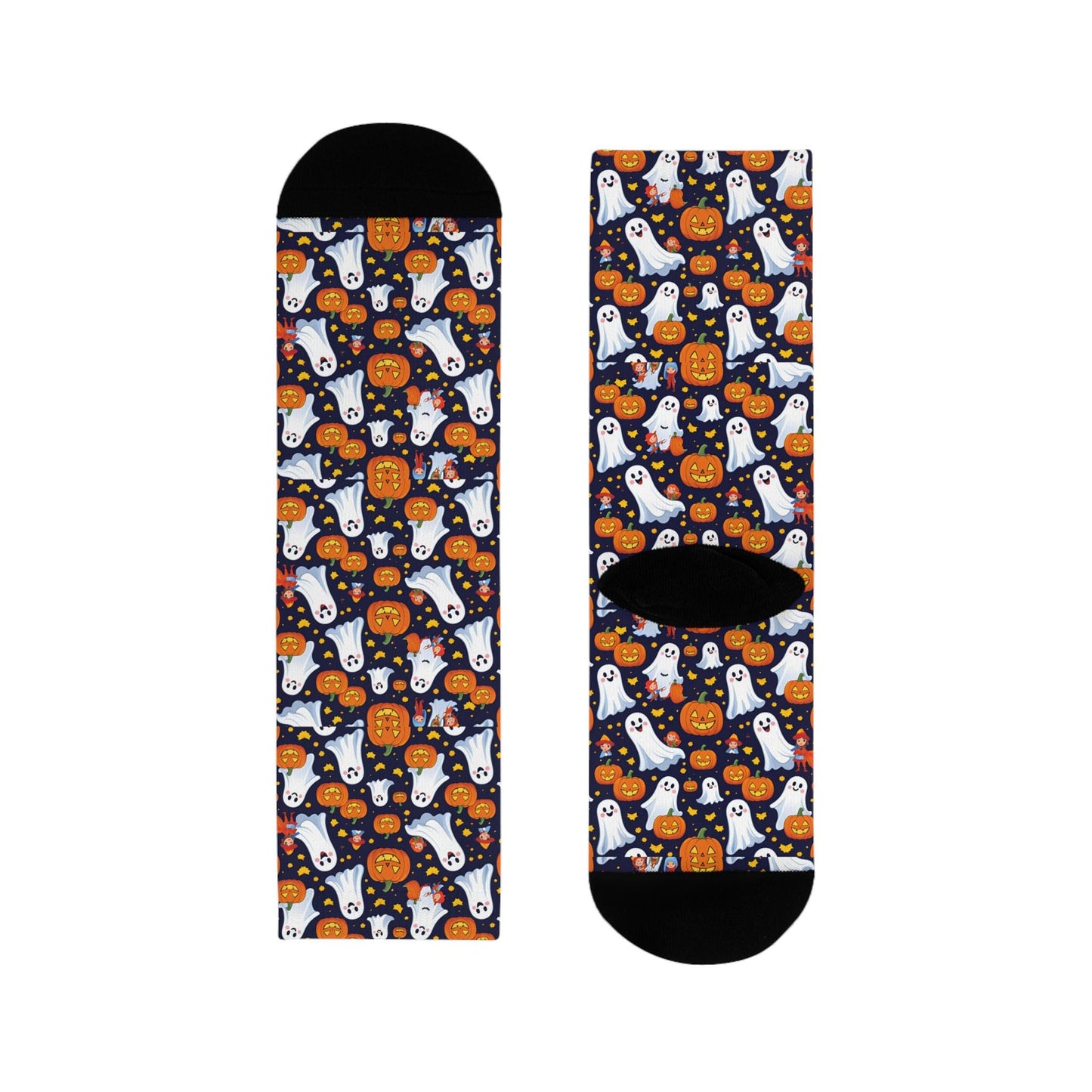 Chaussettes « Spooky Ghosts » – crew sublimées Halloween, motif fantômes & citrouilles, confort cosy