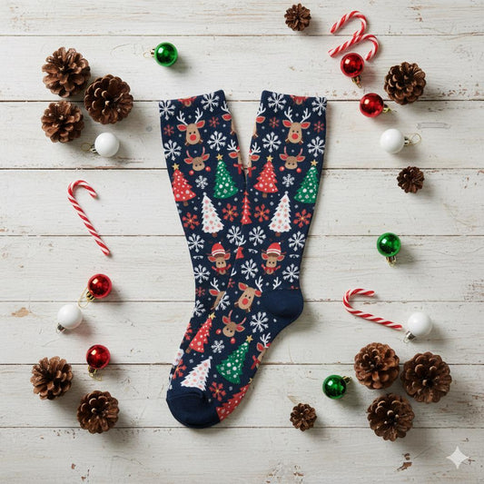 Chaussettes montantes Noël | Rennes, flocons et sapins | Respirantes, douces & stretch | Mode inclusive Big Smiles
