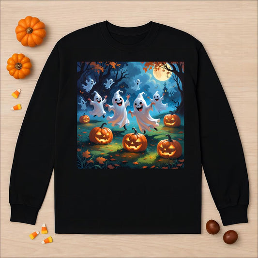 Tailles S–5XL T-shirt Halloween Fantômes & Citrouilles – Manches Longues Unisexe