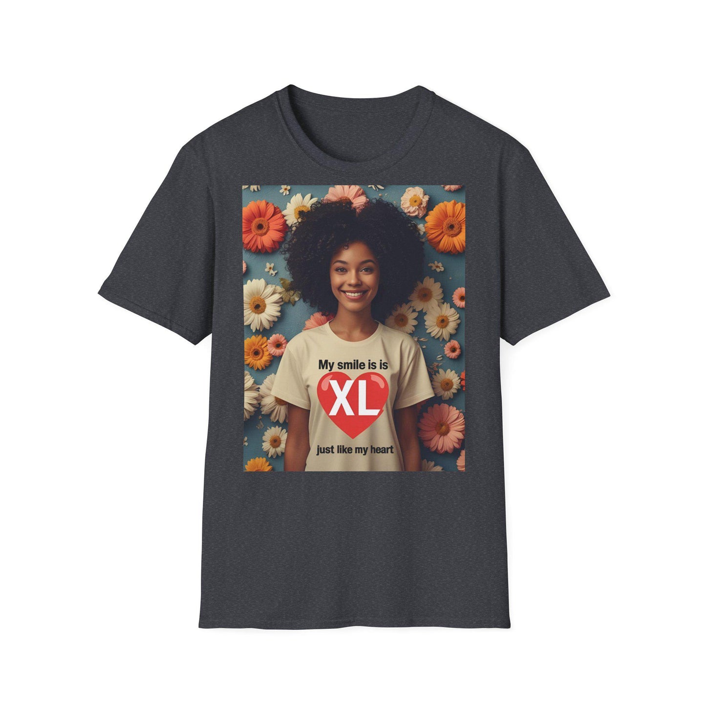 Camiseta unisex de estilo suave "Mi sonrisa es XL" - Tallas grandes S-5XL | Algodón suave, mensaje de corazón, regalo de cumpleaños