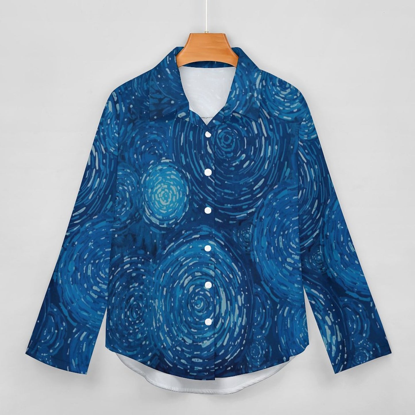 Chemise à ourlet asymétrique – manches longues, imprimé tourbillons bleus (S à 8XL) - Big Smiles All Sizes