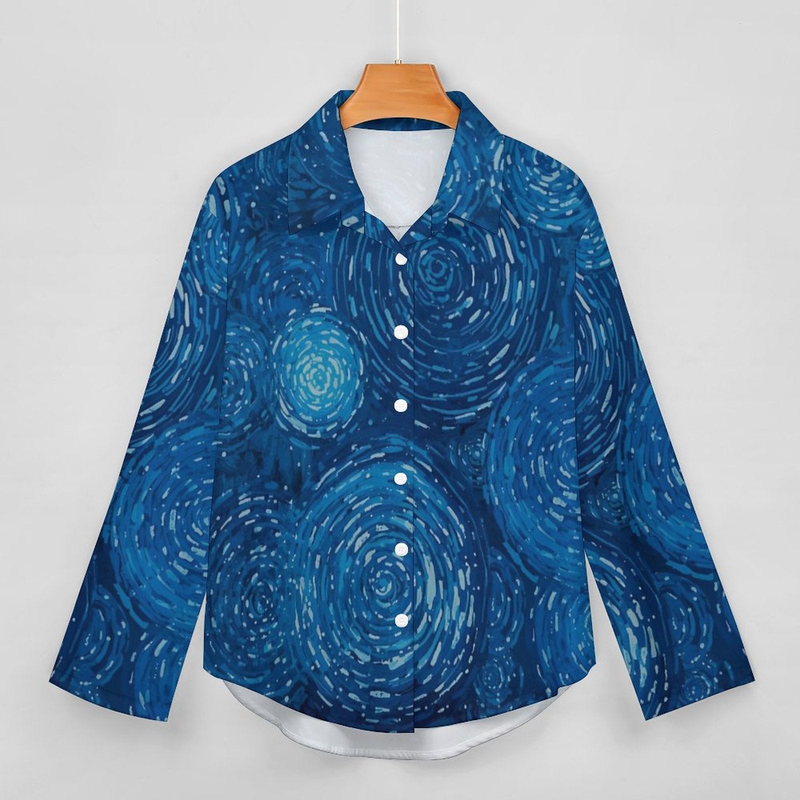 Chemise à ourlet asymétrique – manches longues, imprimé tourbillons bleus (S à 8XL) - Big Smiles All Sizes