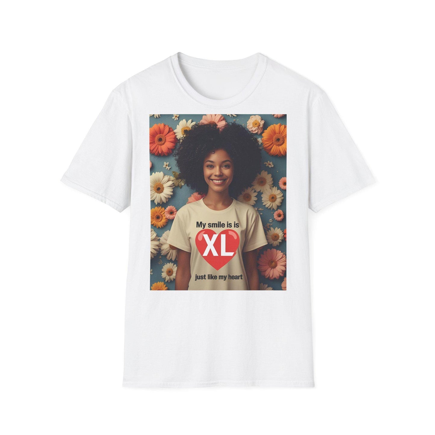 Camiseta unisex de estilo suave "Mi sonrisa es XL" - Tallas grandes S-5XL | Algodón suave, mensaje de corazón, regalo de cumpleaños