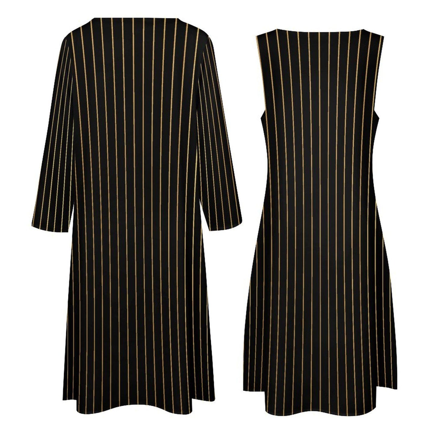 Tailles S - 5XL |Ensemble robe & cardigan long | noir à fines rayures dorées |  invitée, cocktail, vacances