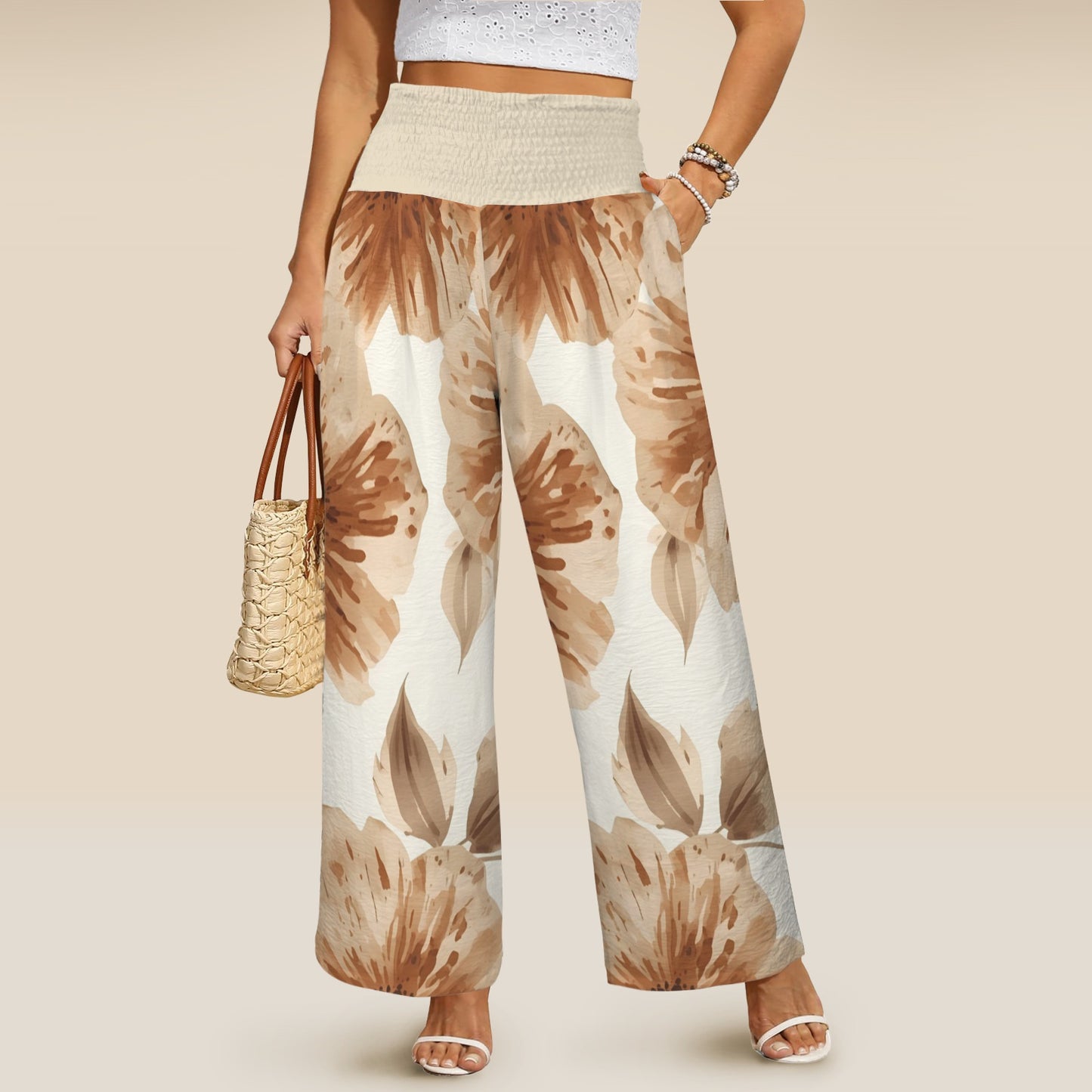 Pantalon large fleurs brunes – taille haute smockée avec poches (S à 5XL) - Big Smiles All Sizes