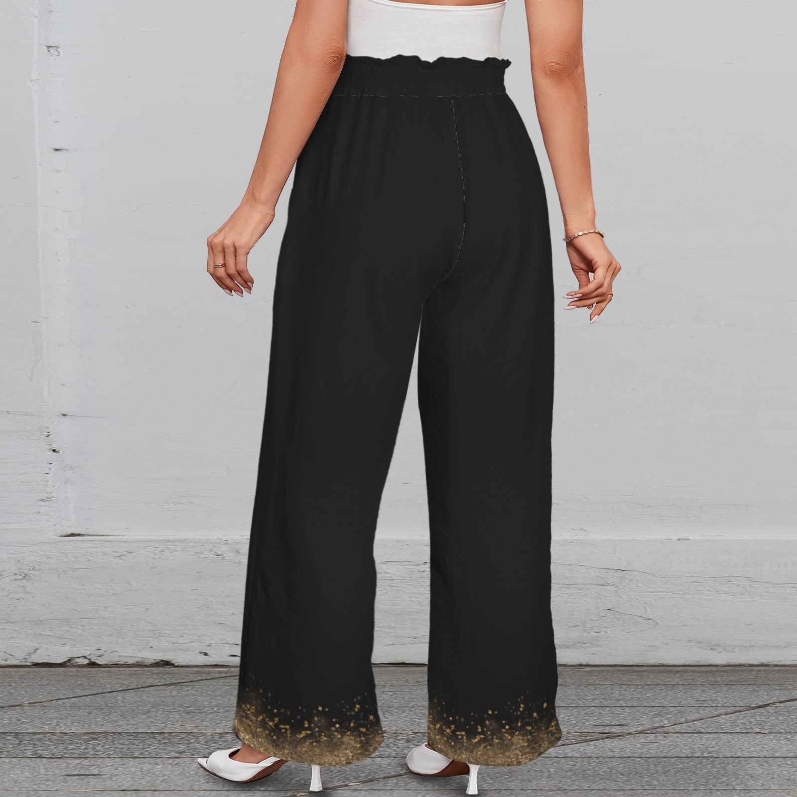 Pantalon large noir à taille élastique à nouer, détails dorés & poches – S à 5XL - Big Smiles All Sizes