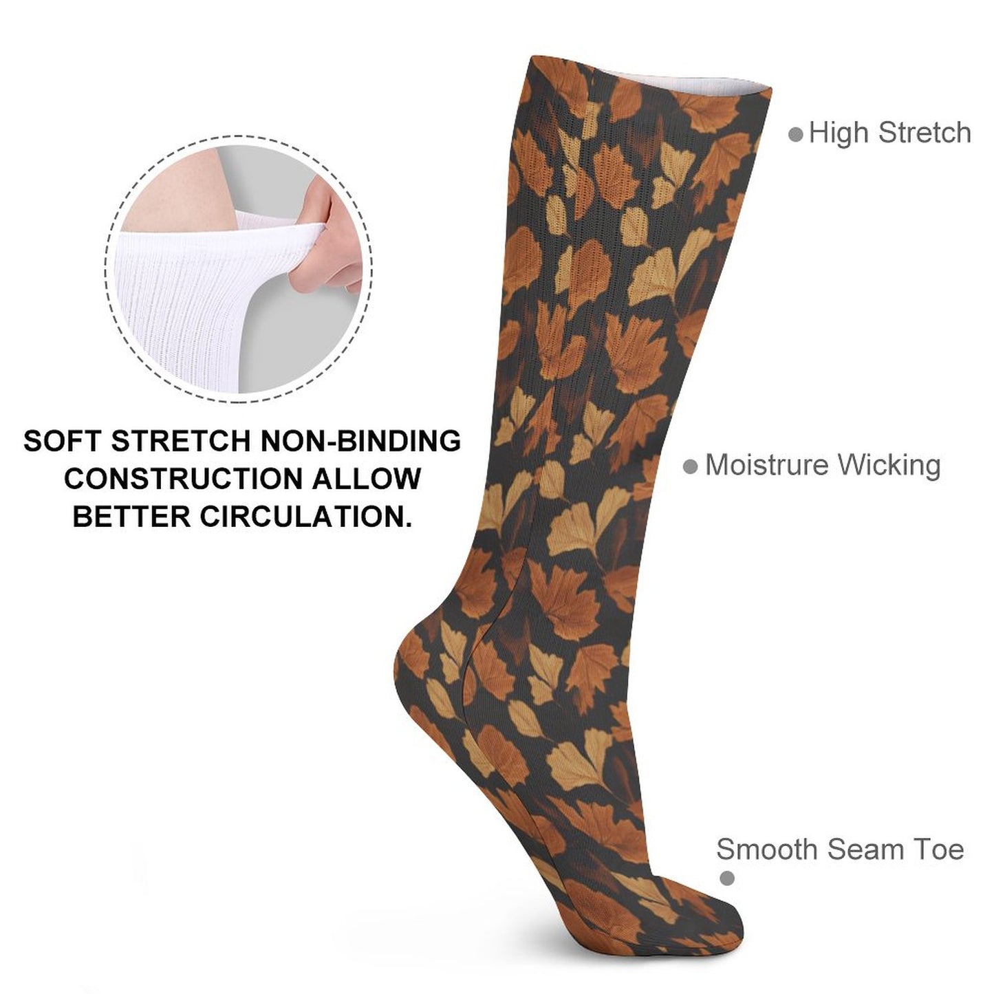 Chaussettes montantes feuilles d’automne – respirantes, anti-glisse & confort mollets – impression all-over | Big Smiles