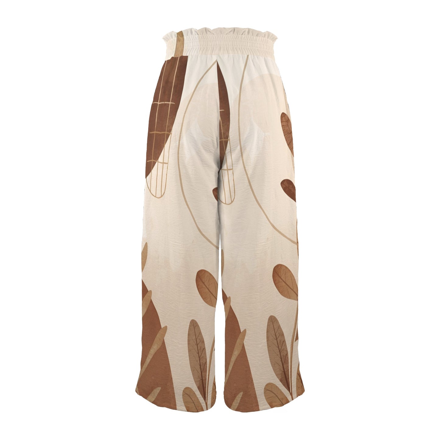 Pantalon large beige motifs feuilles – taille haute élastique à cordon & poches (XS à 5XL) - Big Smiles All Sizes