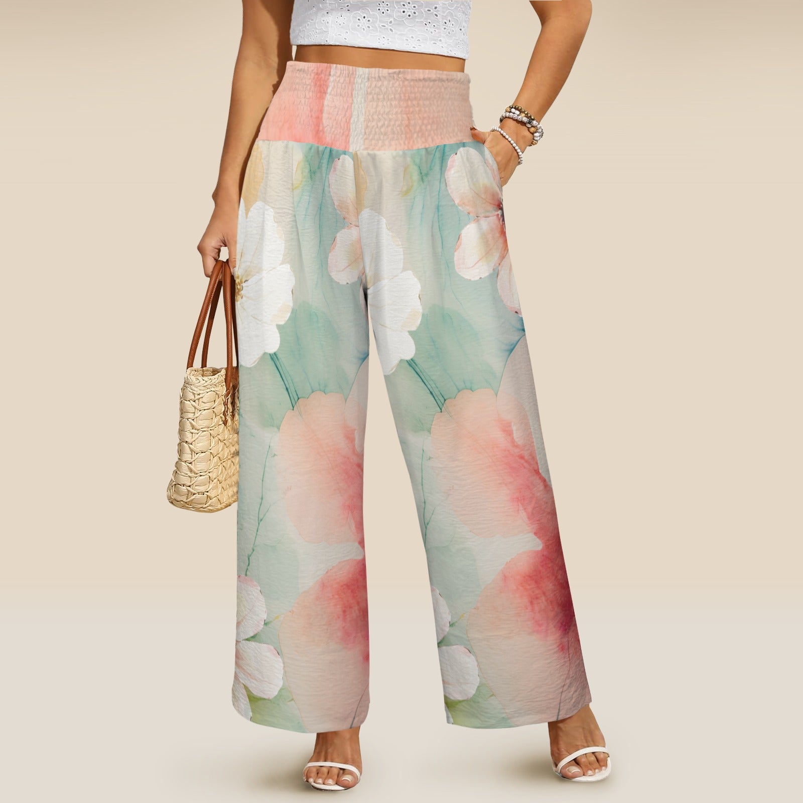 Pantalon large taille haute smockée avec poches – fleurs aquarelle (S à 5XL) - Big Smiles All Sizes