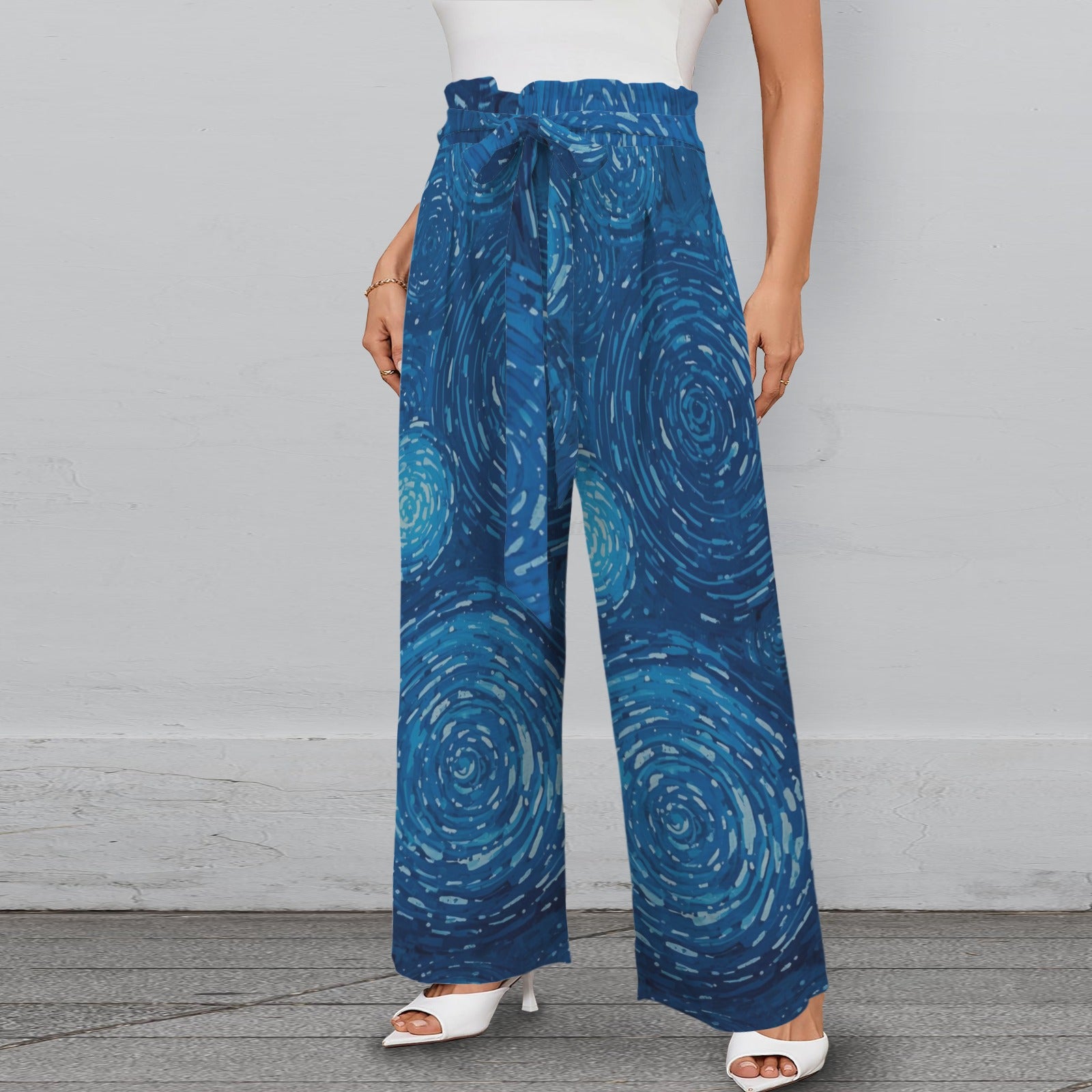 Pantalon large bleu à spirales – taille élastique à nouer & poches (S à 5XL) - Big Smiles All Sizes