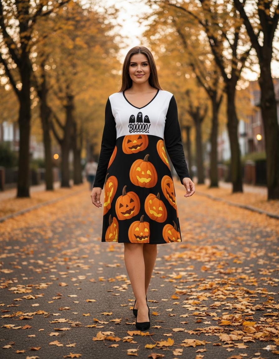 tailles S–8XL Robe noire d’ automme pour Halloween col V, manches longues avec fantômes et citrouilles,