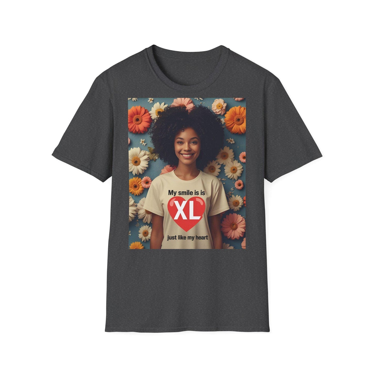 Camiseta unisex de estilo suave "Mi sonrisa es XL" - Tallas grandes S-5XL | Algodón suave, mensaje de corazón, regalo de cumpleaños
