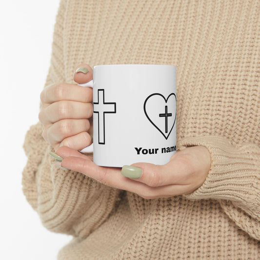 Mug chrétien personnalisable – Cœur et Croix, céramique brillante 11oz/15oz, micro-ondes & lave-vaisselle