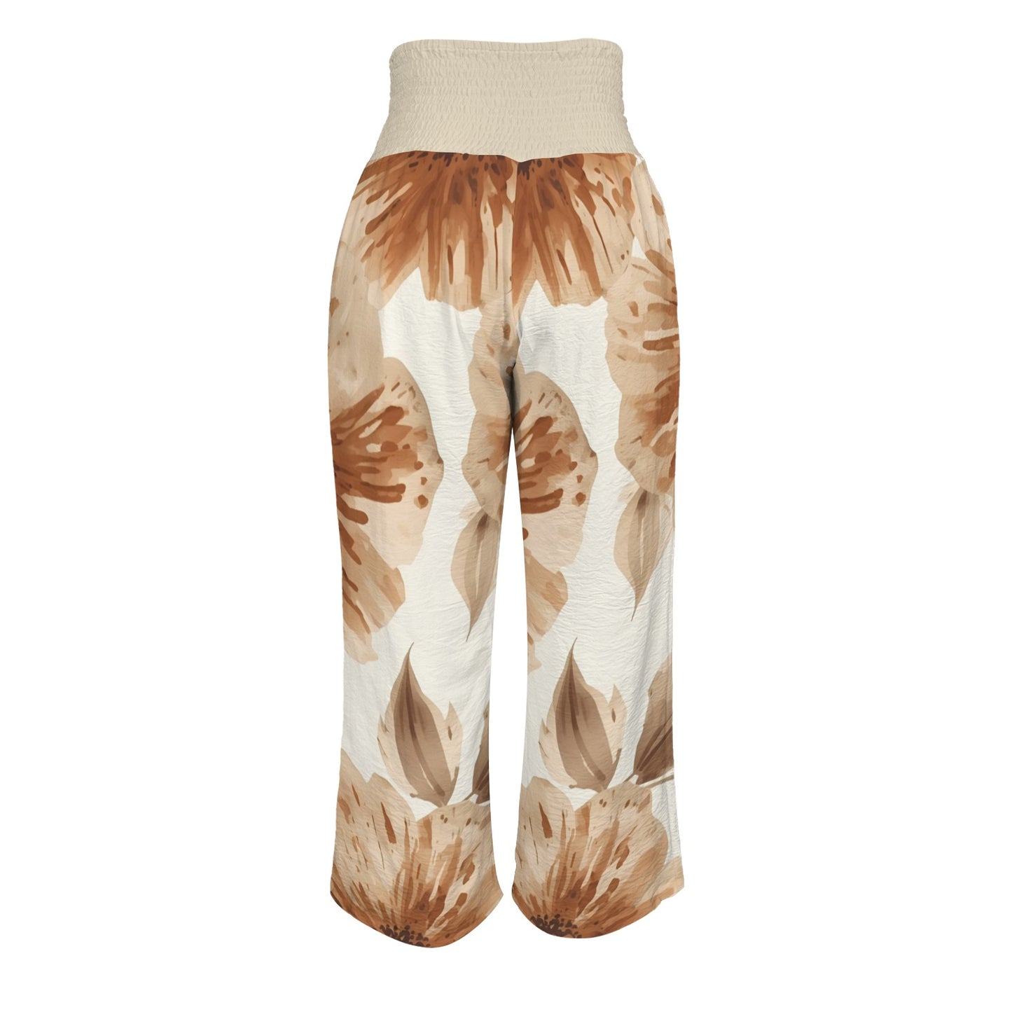 Pantalon large fleurs brunes – taille haute smockée avec poches (S à 5XL) - Big Smiles All Sizes