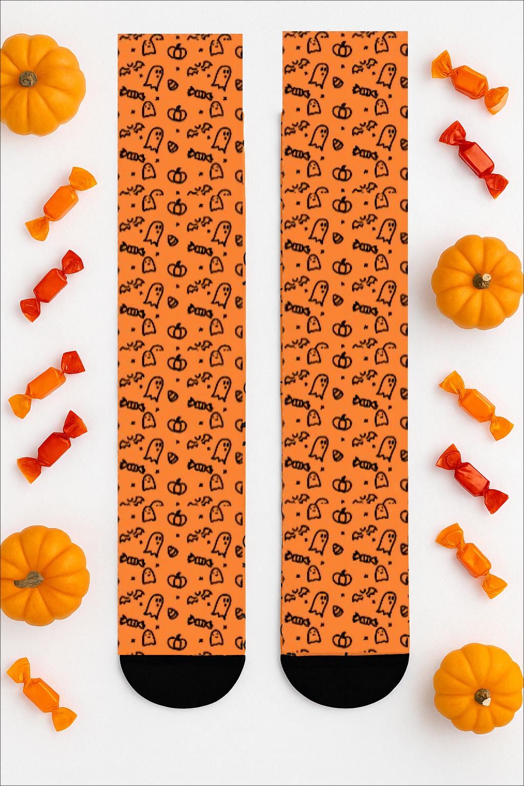 Chaussettes « Halloween » – fantômes & citrouilles, crew sublimées orange, cadeau festif automne