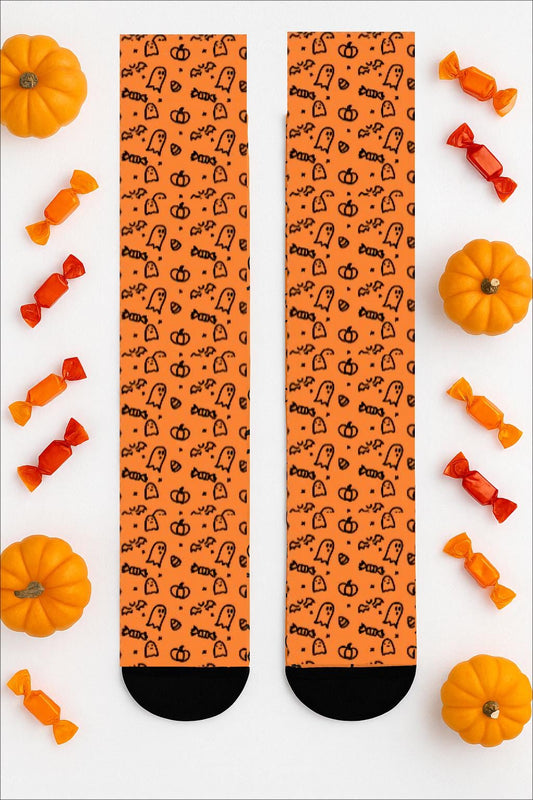 Chaussettes « Halloween » – fantômes & citrouilles, crew sublimées orange, cadeau festif automne