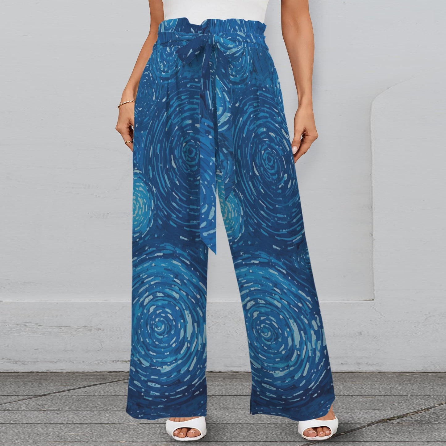 Pantalon large bleu à spirales – taille élastique à nouer & poches (S à 5XL) - Big Smiles All Sizes